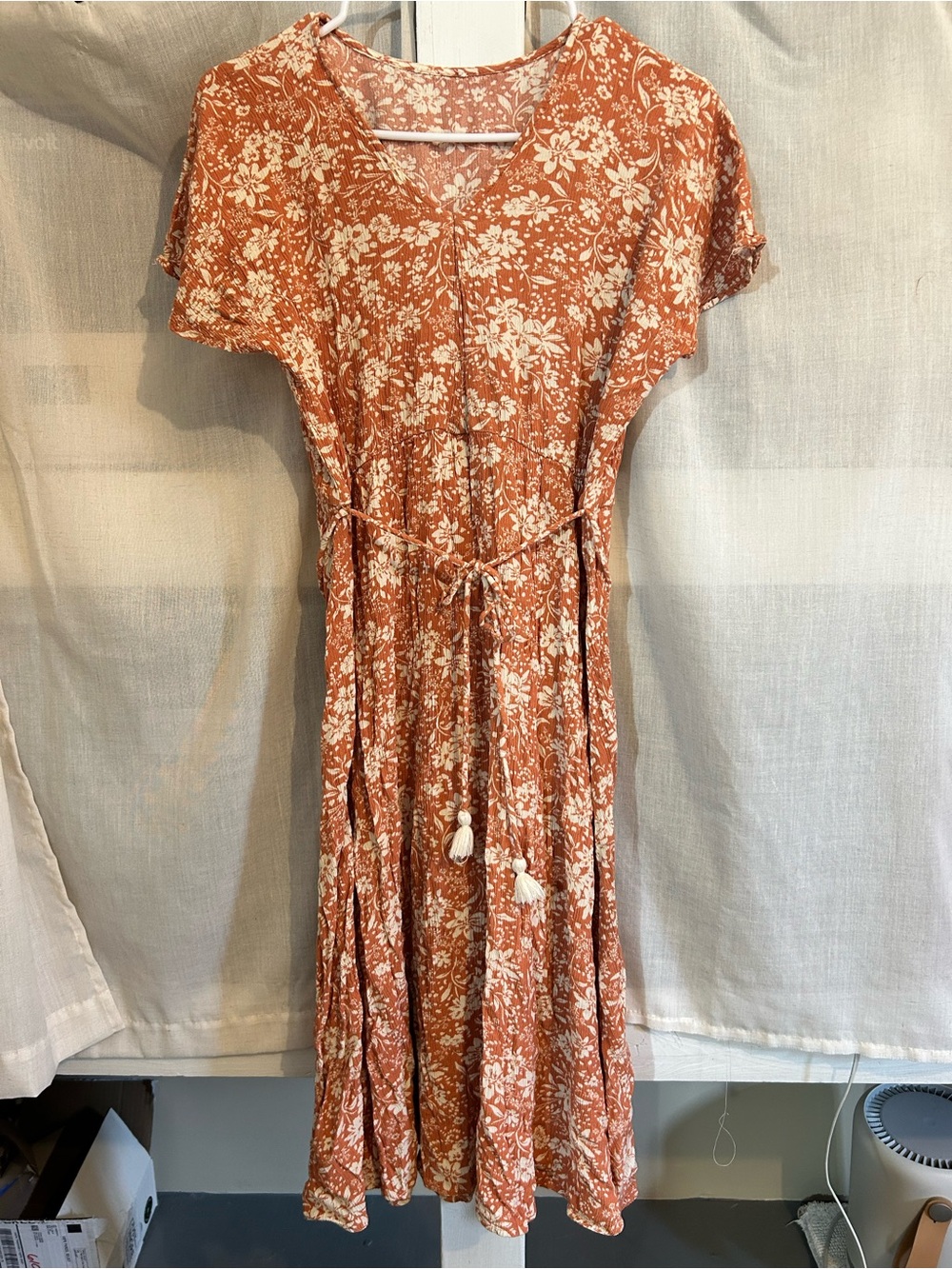 Light peachy rust Floral Tie-Waist Midi Dress - Women